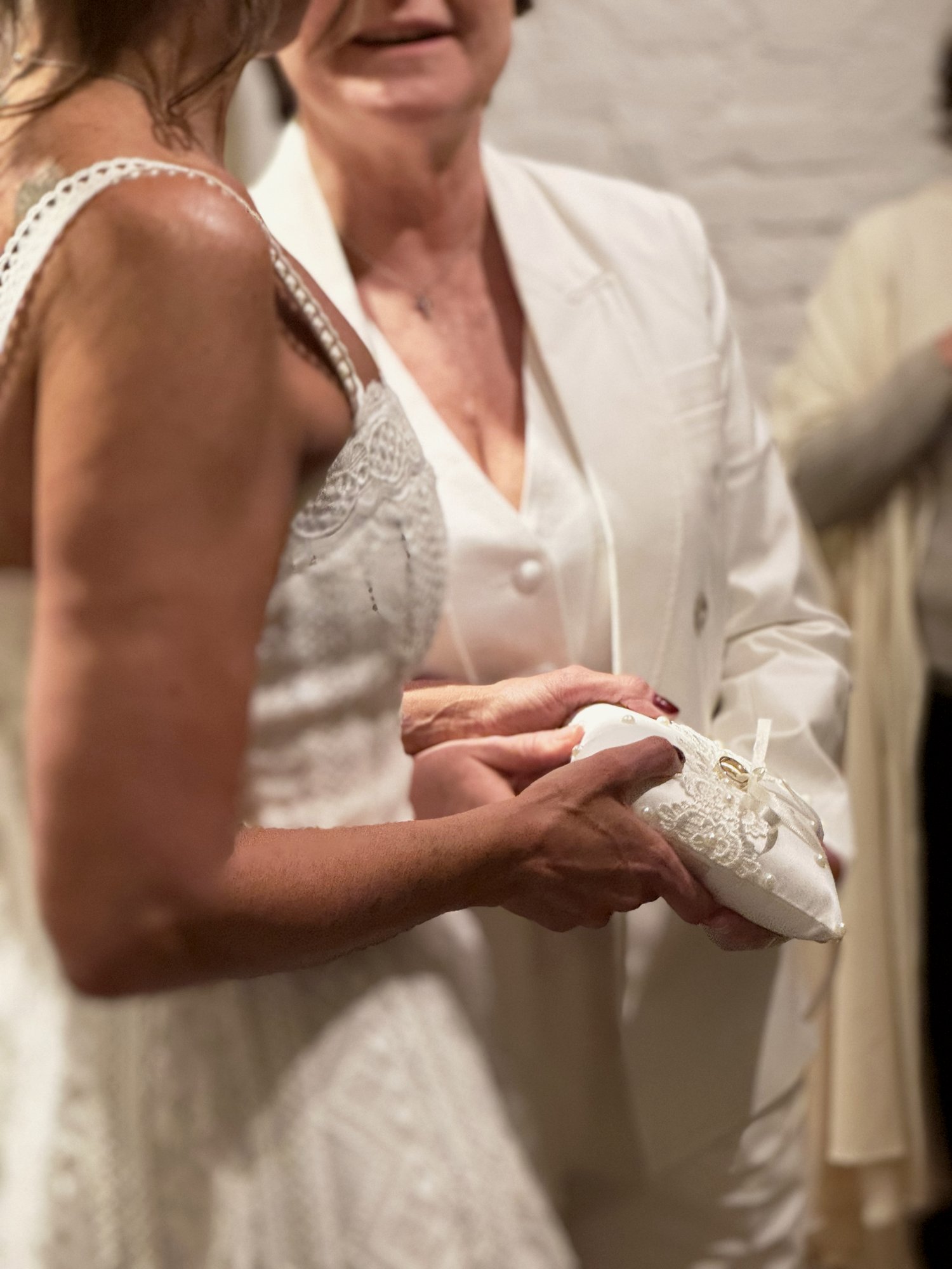 Alianças de casamento sobre a almofada de cerimônia